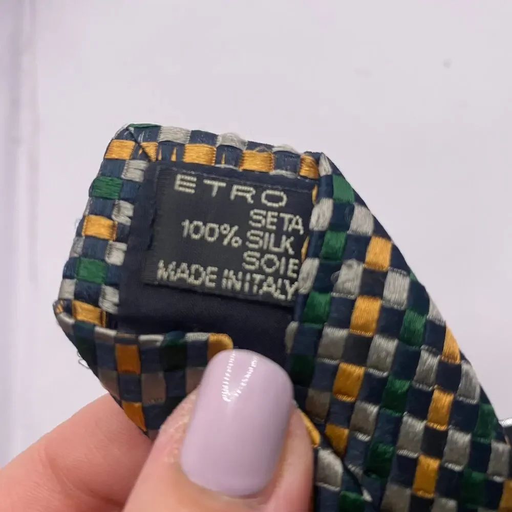 ETRO Woven Check Pattern 100% Silk Tie Green Yellow Grey Made in Italy